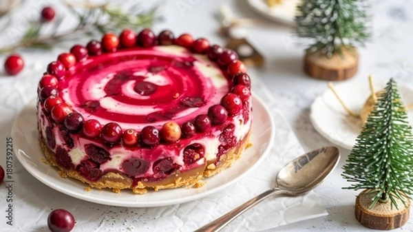 Obraz Bright airy overhead shot of a vibrant cranberry swirl cheesecake with festive decorations