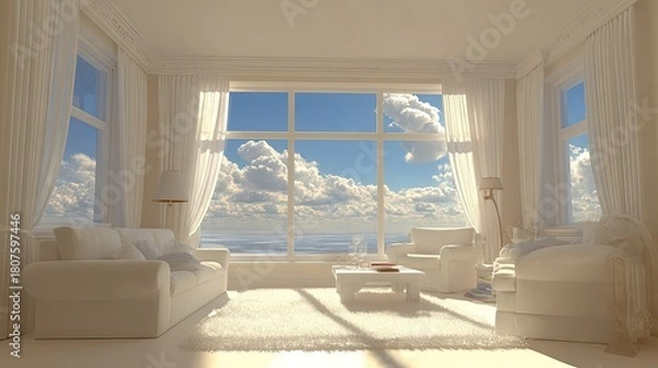 Fototapeta Brightly lit room with expansive windows overlooking a vast ocean and clear blue sky