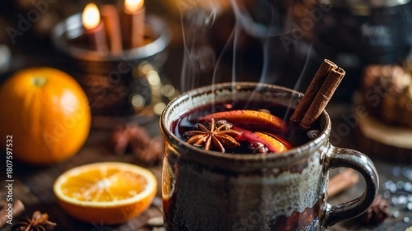 Obraz Cinematic close up of steaming mulled wine or glogg with citrus star anise and cinnamon