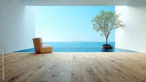 Fototapeta Modern indoor space opens dramatically onto a clear blue water scene featuring a solitary tree