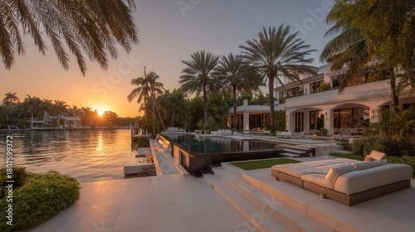 Obraz Luxurious waterfront residence showcases elegant architecture during a vibrant sunset