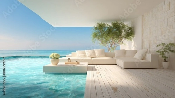 Fototapeta Luxurious modern relaxation area seamlessly merges with a bright blue infinity edge pool overlooking the ocean