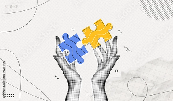 Fototapeta Trendy Halftone Collage Two Hands holding Blue and Yellow Puzzles pieces together. Business idea and solution. Partnership relationship. Support Ukraine. Problem solving. Contemporary vector art