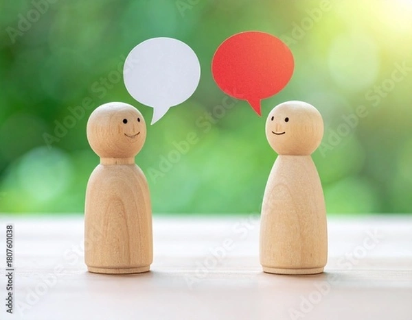 Fototapeta Two Wooden Peg Dolls Talking with Blank Speech Bubble Thought Clouds on Green Background