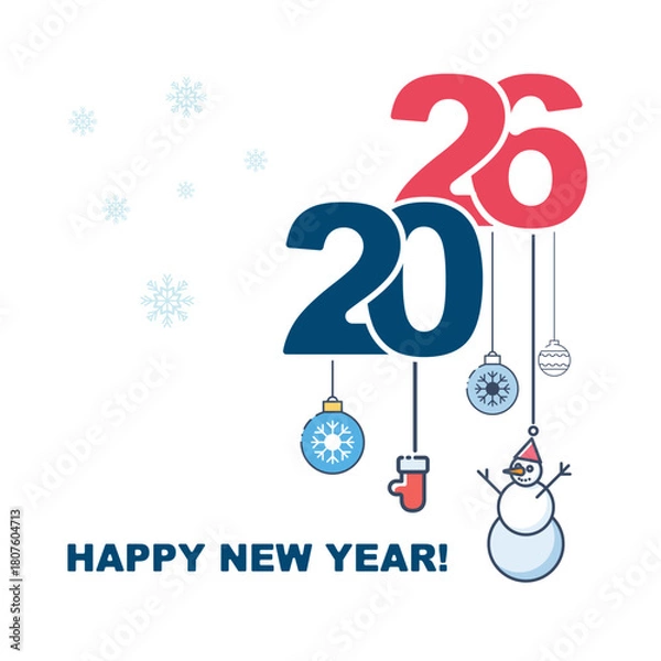 Obraz 2026 Happy New Year, flat design cut paper drawing, pattern, snowman, gifts, Blue red numbers. Fine art, concept. Holiday poster, white background. Elements for calendar, greeting. Vector illustration