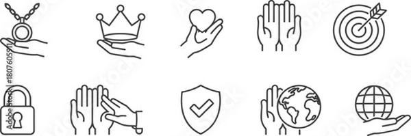Fototapeta Hand gesture icon collection, charity care symbols, security and target icons, global protection elements, minimalist outline design set, flat vector illustration
