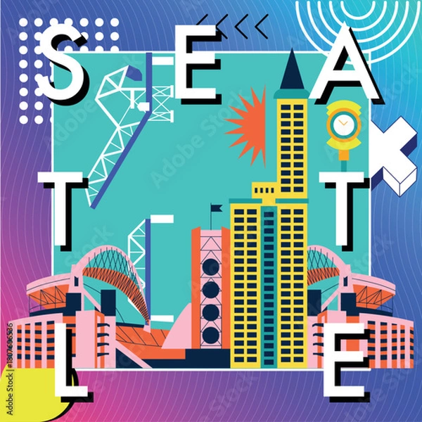 Fototapeta Seattle culture travel set, American famous architectures, USA in flat design. Business travel, tourism concept clipart. Memphis image for presentation, banner, website, advert, flyer, roadmap, icons