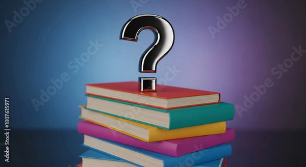 Fototapeta Stack of colorful books with a metallic question mark on top, representing education, knowledge, curiosity, and the search for answers or solutions
