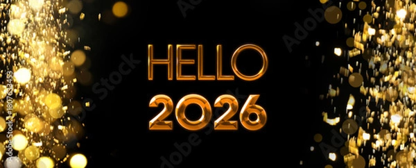 Obraz Merry Christmas and Happy New Year! Hello 2026 against and falling golden glitter black background with bokeh lights