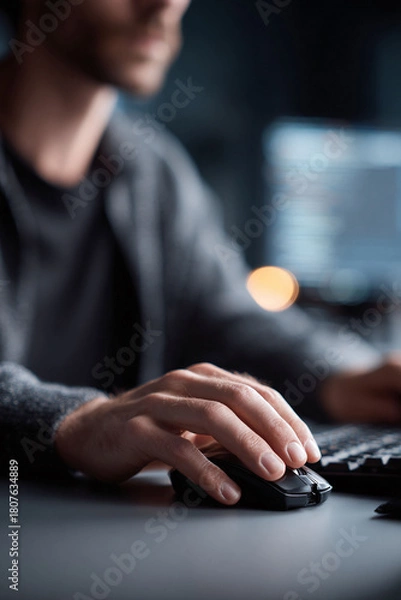 Fototapeta Focused worker using a computer mouse. Concept of coding, design, gaming, or remote work. Perfect for tech, business, or lifestyle content.