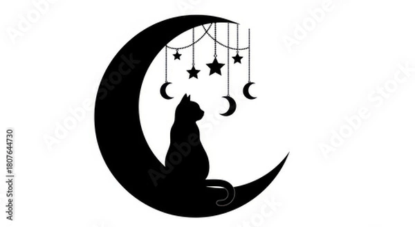 Obraz Black Cat on Crescent Moon with Stars and Moon Phases