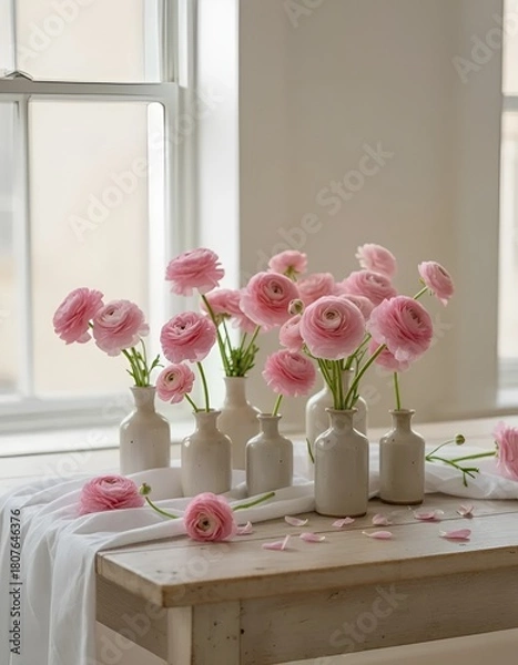 Fototapeta A bouquet of flowering ranunculus pink on a light background. Rich buttercup buds.A beautiful arrangement of pink ranunculus flowers in a vase. generative ai	