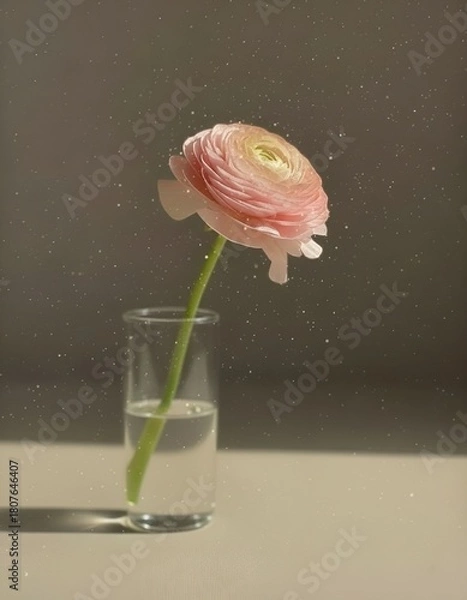 Fototapeta A bouquet of flowering ranunculus pink on a light background. Rich buttercup buds.A beautiful arrangement of pink ranunculus flowers in a vase. generative ai	