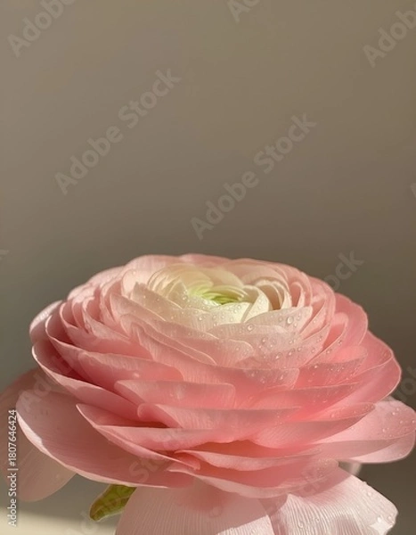 Fototapeta A bouquet of flowering ranunculus pink on a light background. Rich buttercup buds.A beautiful arrangement of pink ranunculus flowers in a vase. generative ai	