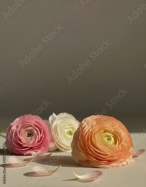Obraz A bouquet of flowering ranunculus pink on a light background. Rich buttercup buds.A beautiful arrangement of pink ranunculus flowers in a vase. generative ai	