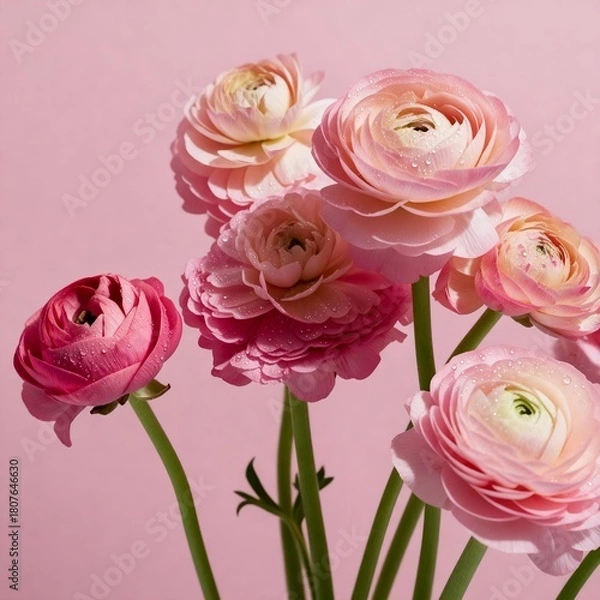 Obraz A bouquet of flowering ranunculus pink on a light background. Rich buttercup buds.A beautiful arrangement of pink ranunculus flowers in a vase. generative ai	