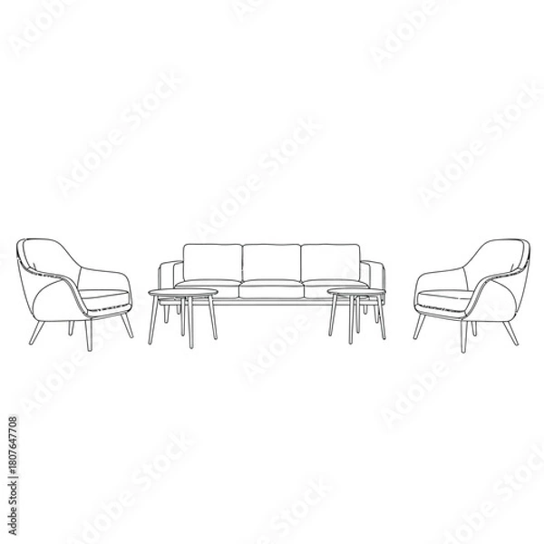 Fototapeta Line Drawing Sofa and Armchairs with Side Tables furniture