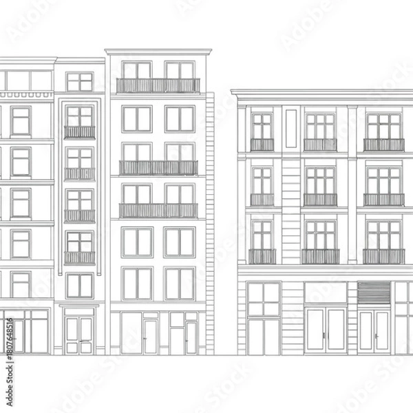 Fototapeta Urban Building Facades Line Drawing architecture exterior
