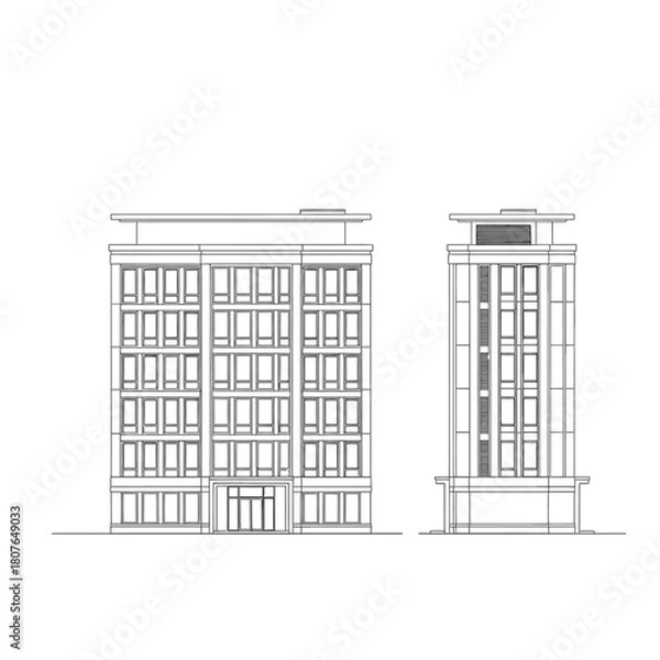 Fototapeta Architectural line drawings of a modern building facade