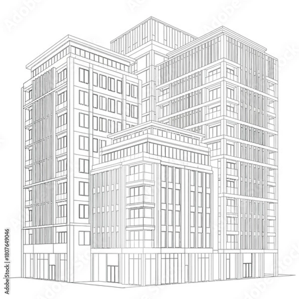 Fototapeta Architectural Line Drawing of a Modern Multi- Story Building Complex