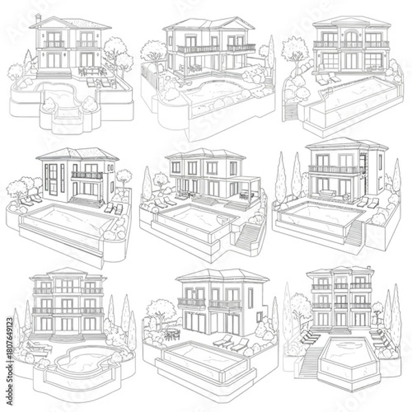 Fototapeta Architectural Line Drawings of Luxury Villas with Pools