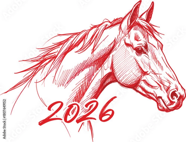 Obraz 2026 horse sketch icon vector—stylized red illustration with flowing mane for celebration, strength, and artistic branding visuals 