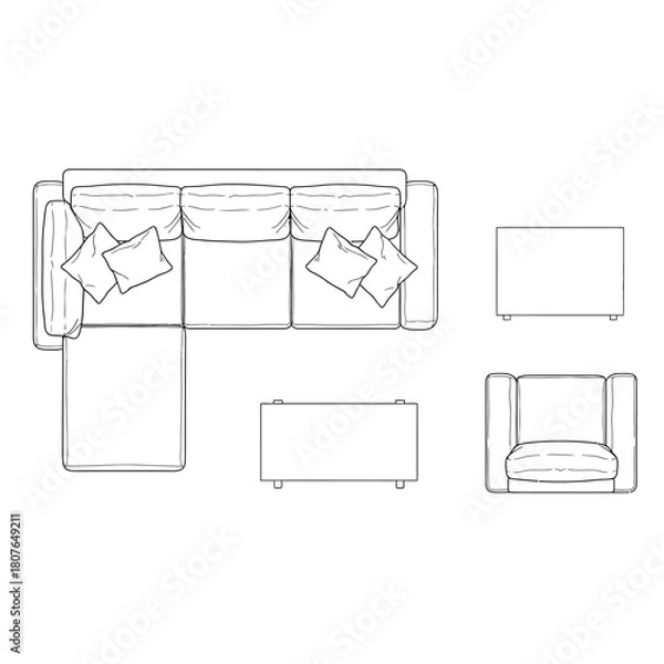 Fototapeta Architectural line drawings of sectional sofa and furniture
