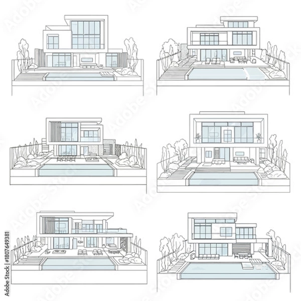 Fototapeta Architectural Renderings of Modern Villas with Pools and Landscaping