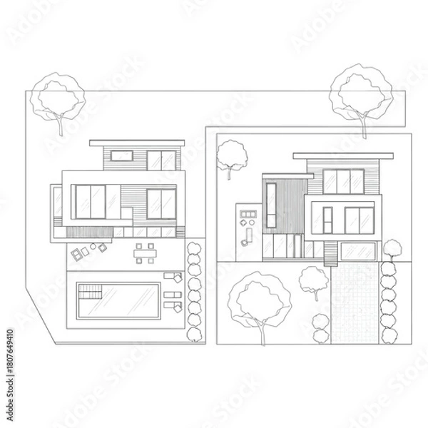 Fototapeta Architectural Top Down View Of Modern Houses With Pool And Garden