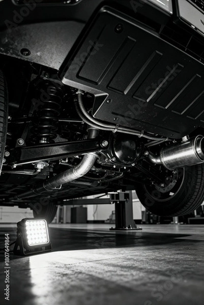 Fototapeta Automotive service inspection of vehicle undercarriage with focused lighting in a repair workshop