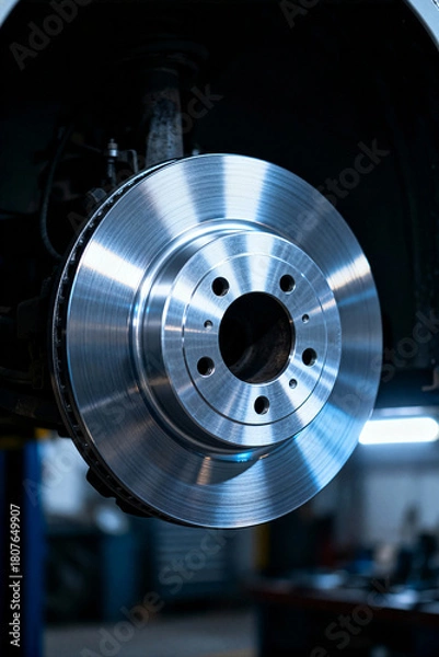 Obraz Rotating brake disc shown in automotive service facility during routine maintenance on a vehicle
