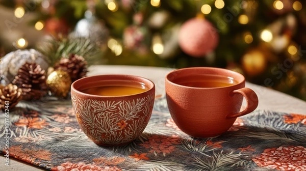 Fototapeta Botanical table runner with terracotta mugs and herbal tea arrangement