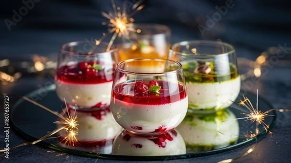 Obraz Four elegant layered panna cotta desserts with sparklers on mirrored tray
