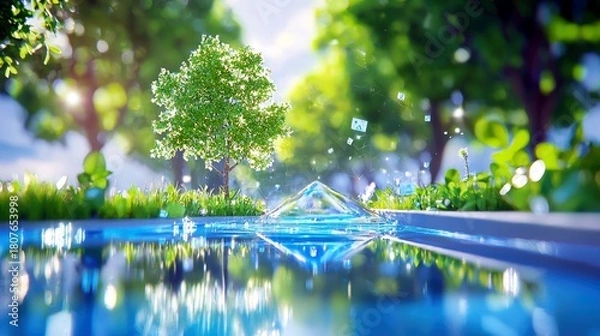 Fototapeta A lush green tree stands in a sun-drenched park, reflected in a shimmering pool of water, with abstract geometric shapes floating in the air.