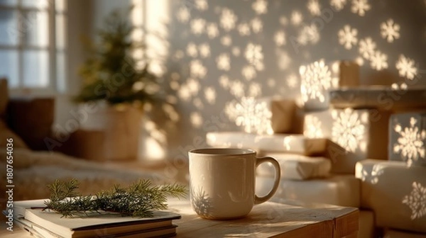 Obraz snowflake light show in modern living room with coffee and journal