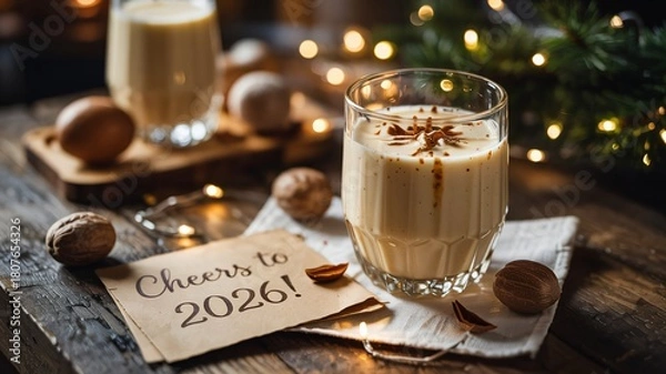 Fototapeta Cozy holiday eggnog drink with Cheers to 2026 message on wooden table