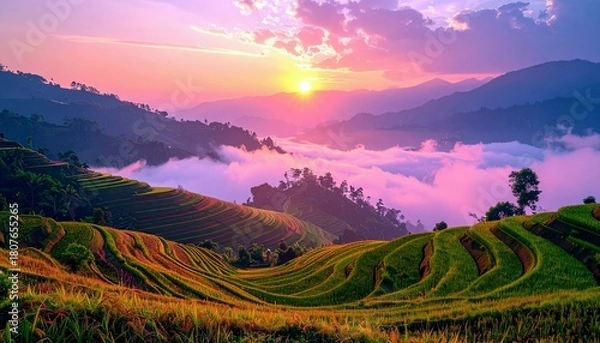 Fototapeta A breathtaking sunrise illuminates rolling hills covered in vibrant green terraced rice fields, with a misty valley below and a sky painted in shades of pink an