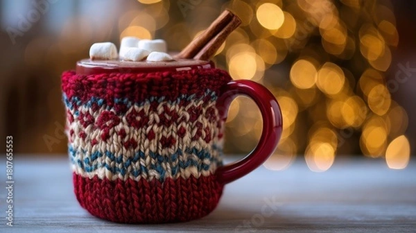 Fototapeta Red cocoa mug wrapped in fair isle knit cozy winter drink setup