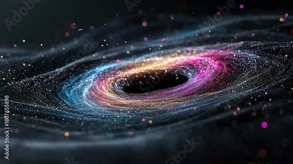 Fototapeta A cosmic vortex of colorful particles and light swirls around a dark central void, evoking a sense of deep space and cosmic phenomena.