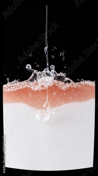 Obraz A close-up shot captures a thin stream of clear water splashing into a pink liquid, creating ripples and bubbles against a black background.