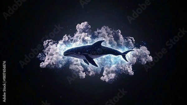Fototapeta A dark blue whale, speckled with stars, appears to swim through luminous clouds against a black, star-filled background.