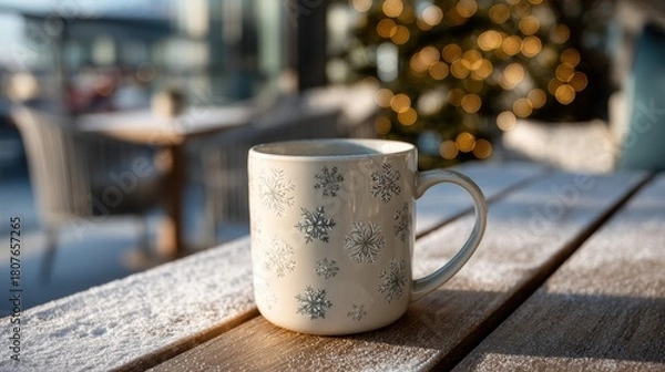 Fototapeta white mug featuring frosty snowflake texture on sweet sugar dust table background