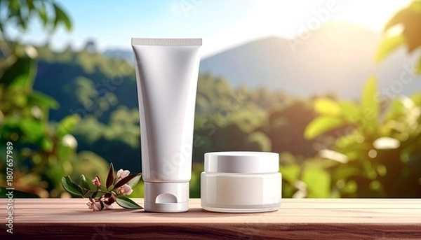 Fototapeta Two white cosmetic containers, a tube and a jar, are placed on a wooden surface with a soft focus background of lush green nature and mountains.