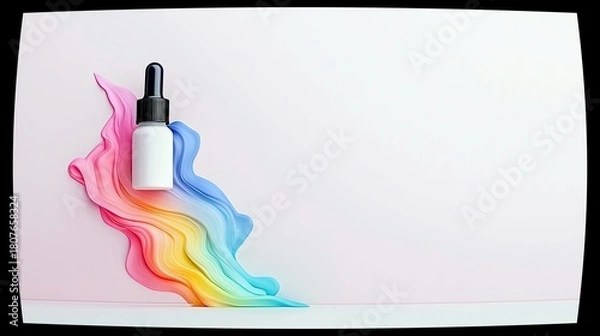 Fototapeta A white dropper bottle with a black cap rests on a flowing, abstract fabric that transitions through the colors of the rainbow.