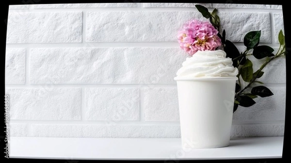 Fototapeta A white paper cup filled with whipped cream is placed on a white shelf in front of a white brick wall, with a pink flower and green leaves to the side.