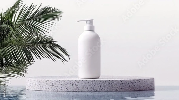 Fototapeta A white pump bottle sits on a speckled terrazzo pedestal next to a palm frond, with a reflection in the water below.