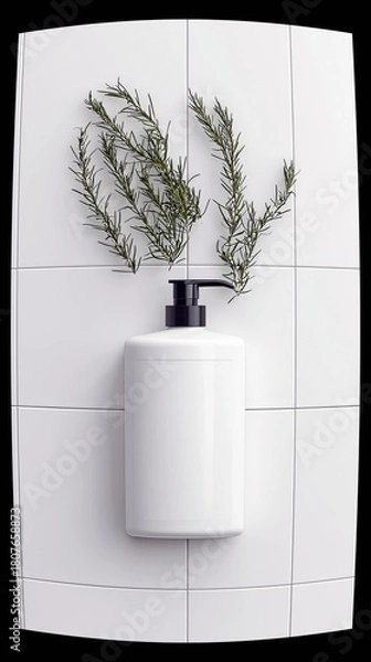Fototapeta A white pump bottle is placed on a white tiled surface with fresh rosemary sprigs arranged above it.