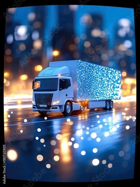 Fototapeta A white semi-truck with a trailer illuminated by thousands of blue glowing lights drives on a wet road at night, with blurry city lights in the background.