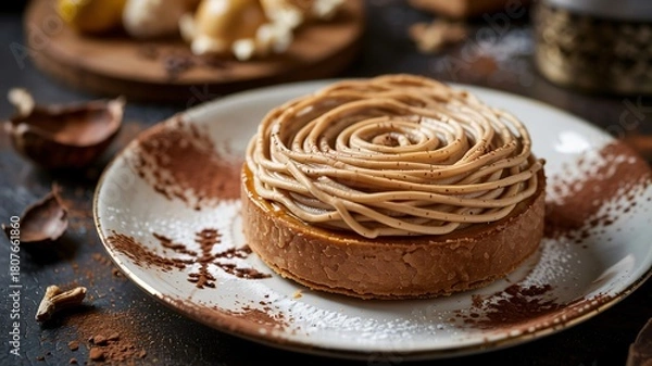 Obraz Classic Mont Blanc dessert tart with chestnut cream vermicelli swirl and cocoa