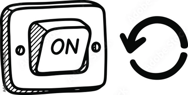 Fototapeta Doodle simple light switch with arrow circle icon, hand-drawn solid black on white, indicating reset or restart, quick control sketch.